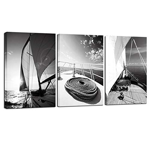 LevvArts 3 Piece Black and White Wall Art Yacht Sailboat at Sunset Pictures Painting Nautical Wall Decor for Home Office Living Room Man Bedroom Stretched and Framed Ready to Hang