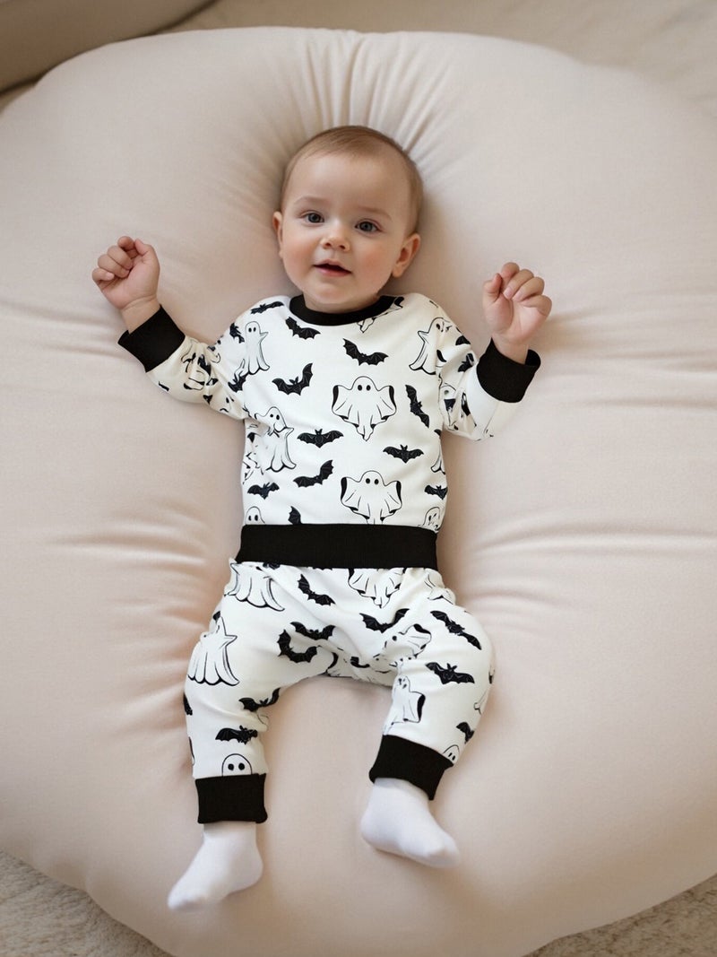 Baby Pants Set, Ghost Bat Print Long Sleeve Sweatshirt with Sweatpants Halloween Clothes for Girls Boys - Image 5