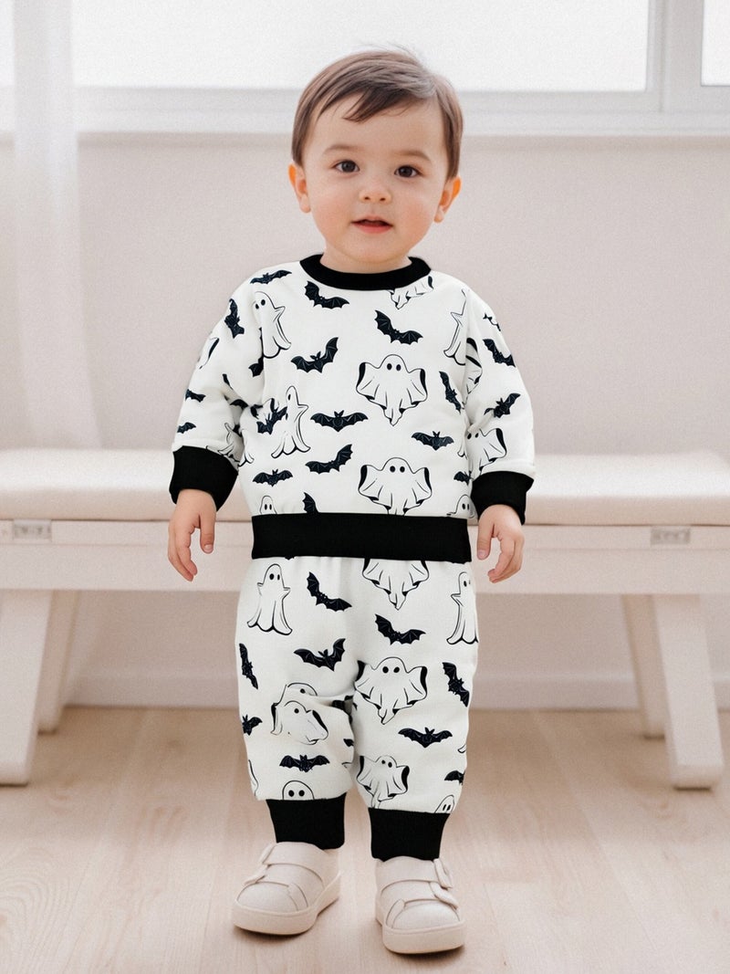 Baby Pants Set, Ghost Bat Print Long Sleeve Sweatshirt with Sweatpants Halloween Clothes for Girls Boys - Image 4