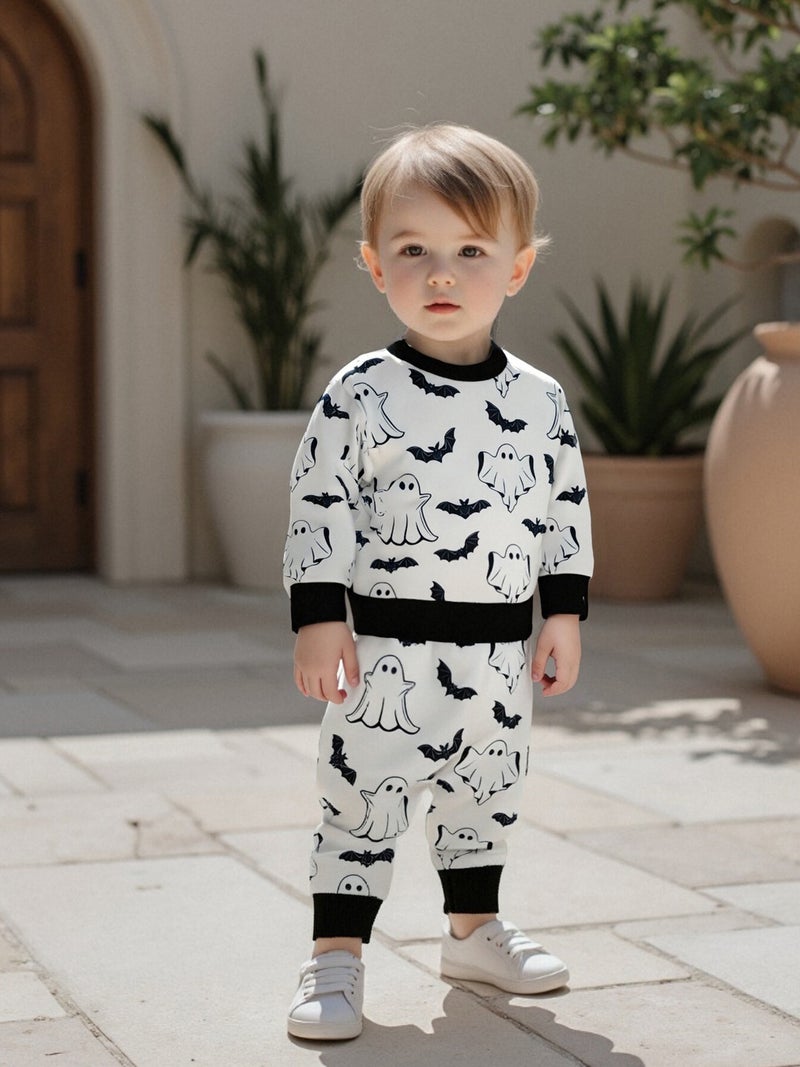 Baby Pants Set, Ghost Bat Print Long Sleeve Sweatshirt with Sweatpants Halloween Clothes for Girls Boys - Image 1