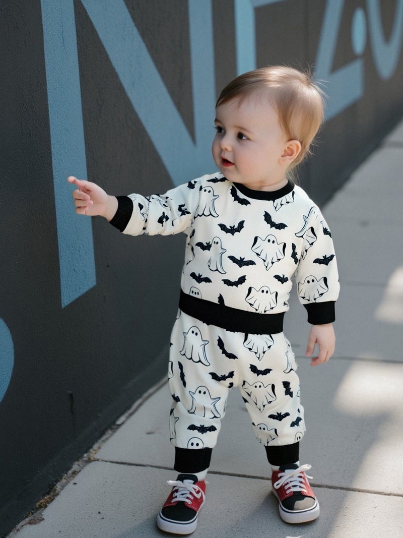 Baby Pants Set, Ghost Bat Print Long Sleeve Sweatshirt with Sweatpants Halloween Clothes for Girls Boys - Image 2