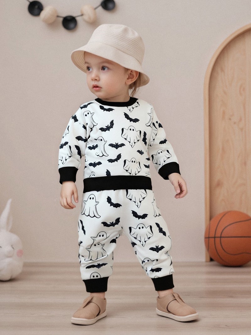 Baby Pants Set, Ghost Bat Print Long Sleeve Sweatshirt with Sweatpants Halloween Clothes for Girls Boys - Image 3