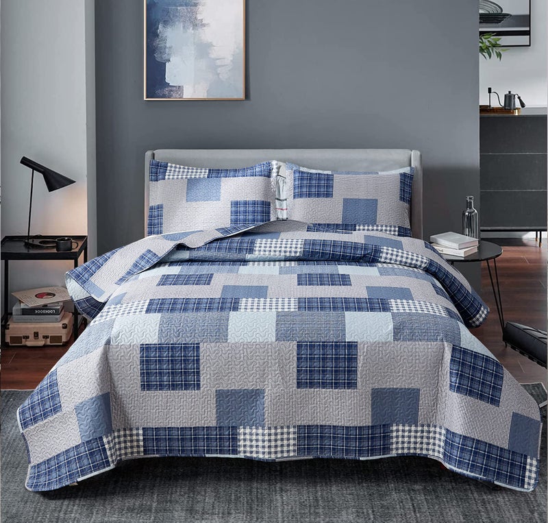 Bedspread Set Twin Size Plaid Quilt Bedding Twin Grey Blue Patchwork Modern Lightweight Quilt Bedspread Home Reversible CoverletSoft Polyester 3 Piece Quilt Set Collection