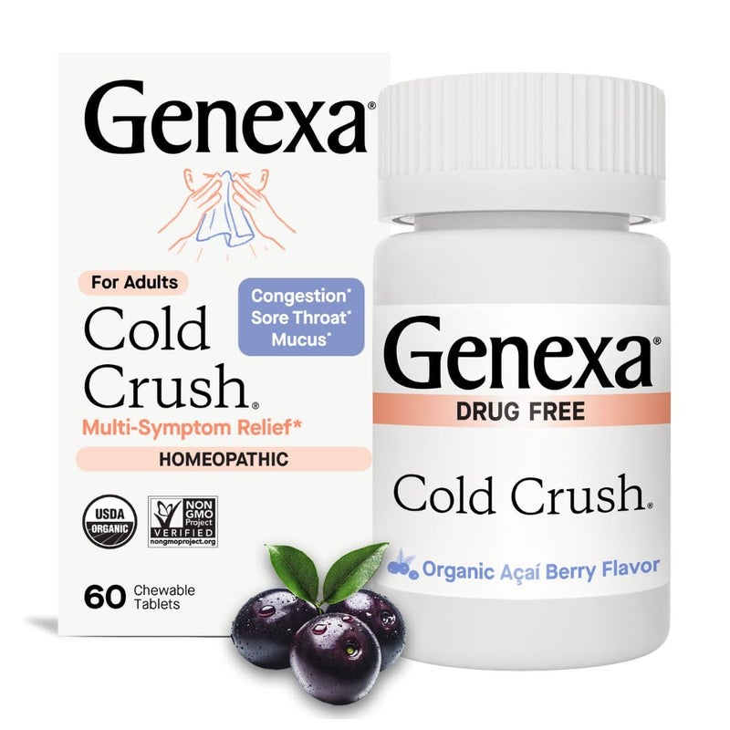 Genexa Genexa Cold Crush MultiSymptom Cough Congestion Sore Throat Relief for Adults Acai Berry Flavor Certified Organic NonGMO Homeopathic Remedy Made Clean 60 Chewable Tablets 