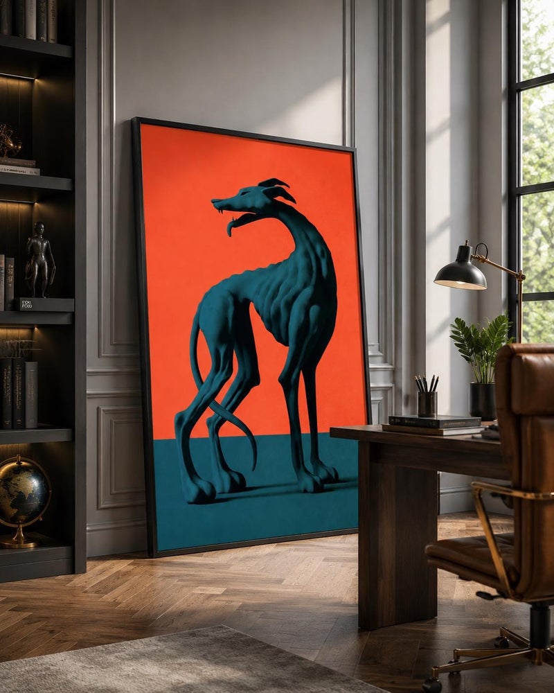 TNESSENTIAL Abstract Greyhound Wall Art, Surreal Dog Print, Orange Teal Contemporary Poster - Image 1