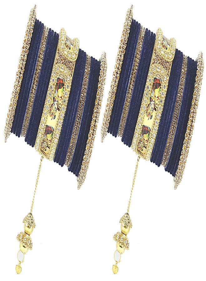 ZULKA طقم أساور زولكا للنساء والفتيات، مصنوع من معدن غير ثمين، مزين بنقشة رادها كريشنا مطبوعة على المخمل أو مرصع بأحجار الزركون واللؤلؤ، (أزرق، 2.6 بوصة)، عبوة من 46 سوارًا - Image 4