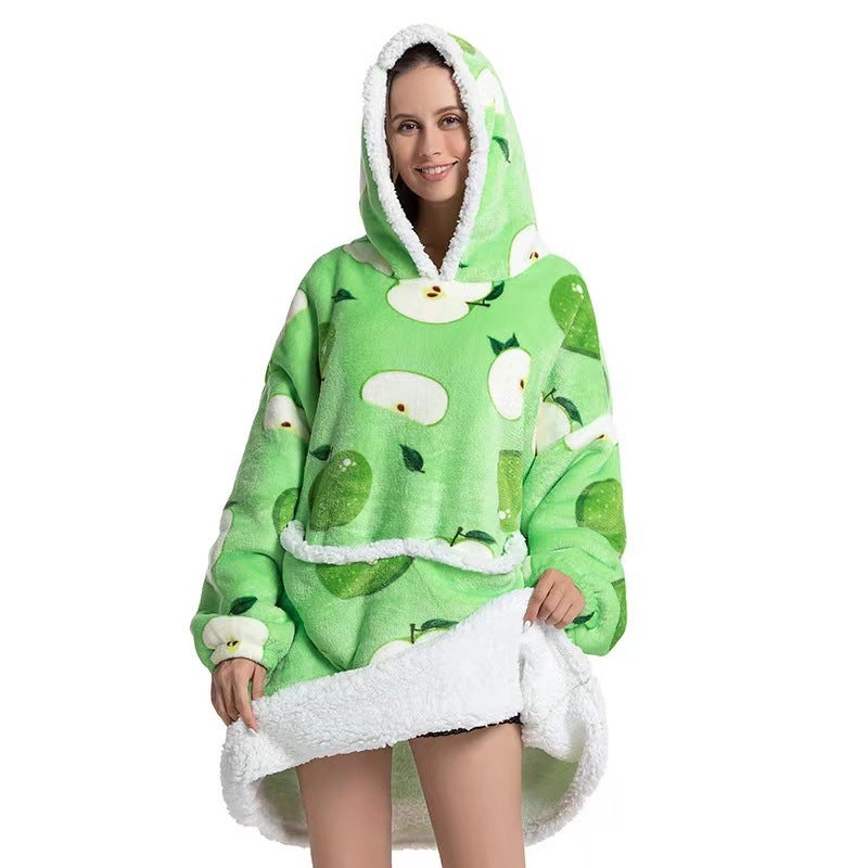 2022 Flannel Thickened Pajamas Lamb Fleece TV Blanket with Hood Cartoon Green Apple Compound-Adult