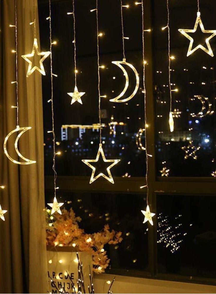 ضوء رمضان 3.5 متر لتزيين المنزل على شكل نجمة وقمر، ضوء LED للديكور الداخلي والخارجي، أبيض دافئ، ضوء زخرفي متعدد الأوضاع يعمل بـ 8 أوضاع (مجموعة، في الأمواج، متسلسل، Slo Glo، مطاردة/فلاش، بهتان بطيء، وميض/فلاش، ثابت) 220 فولت أبيض دافئ مباشر  - Image 2