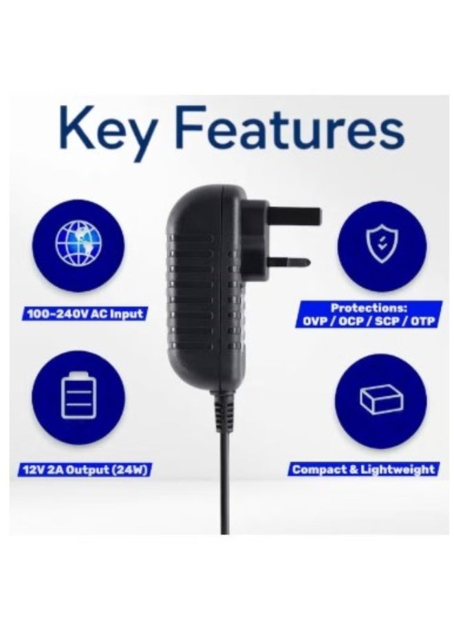 Terabyte 12V 2A Power Adapter for CCTV Security Cameras, LED Strips, Routers & Monitors .UK Plug, 100–240V AC to 12V DC 24W Charger, 5.5×2.5mm Barrel Connector, Center Positive, 1m Cable .1 Pack 12V 2A AC Adapter - Image 3
