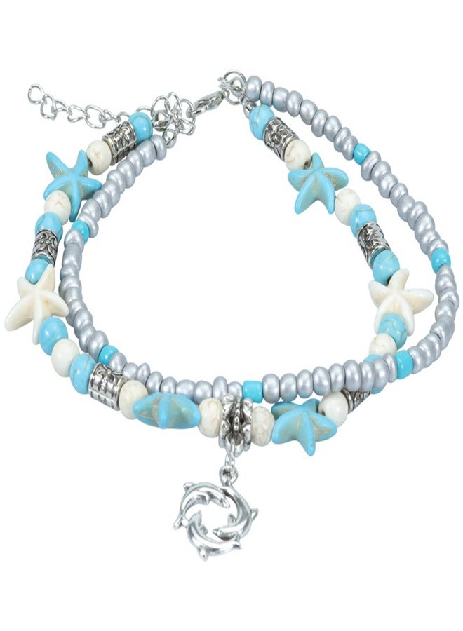 Luxury 2 Pcs Turtle Anklet Set for Women - Adjustable Sea Turtle Shell Ankle Bracelet with Multicolor Beads, Handmade Boho Beach Foot Jewelry, Silver & Gold Tone Ocean Themed Anklet, Perfect Summer Swim Vacation Accessory, Meaningful Valentine's Day & Ramadan Gift (Hypoallergenic) - Image 1