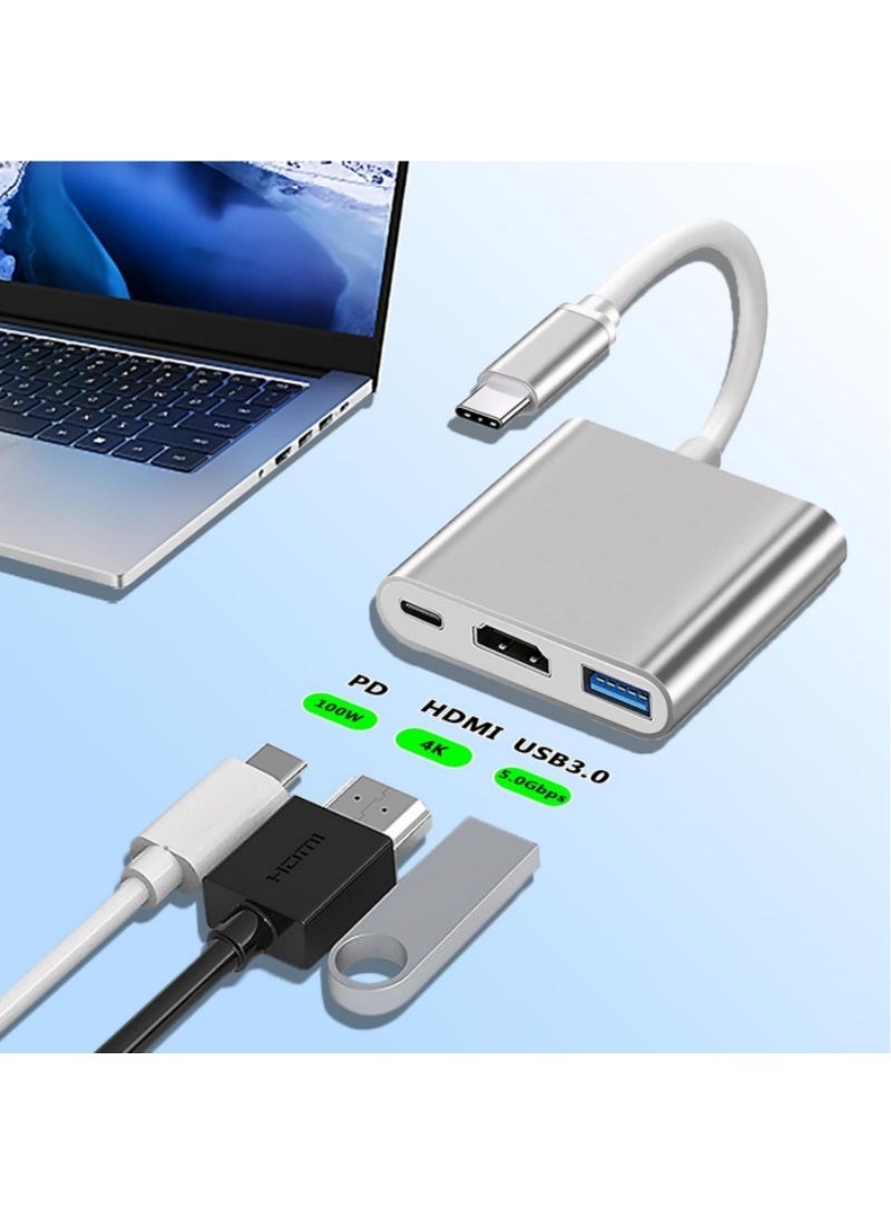 USB Type-C to HDMI 3-in-1 adapter, 4K video converter with 3.0 and Type-C charging ports,  100W PD Charging | Compatible with USB Keyboards, mice, TV, Projector, Monitor, Hard Drives, Laptop, Phone(silver) - Image 3