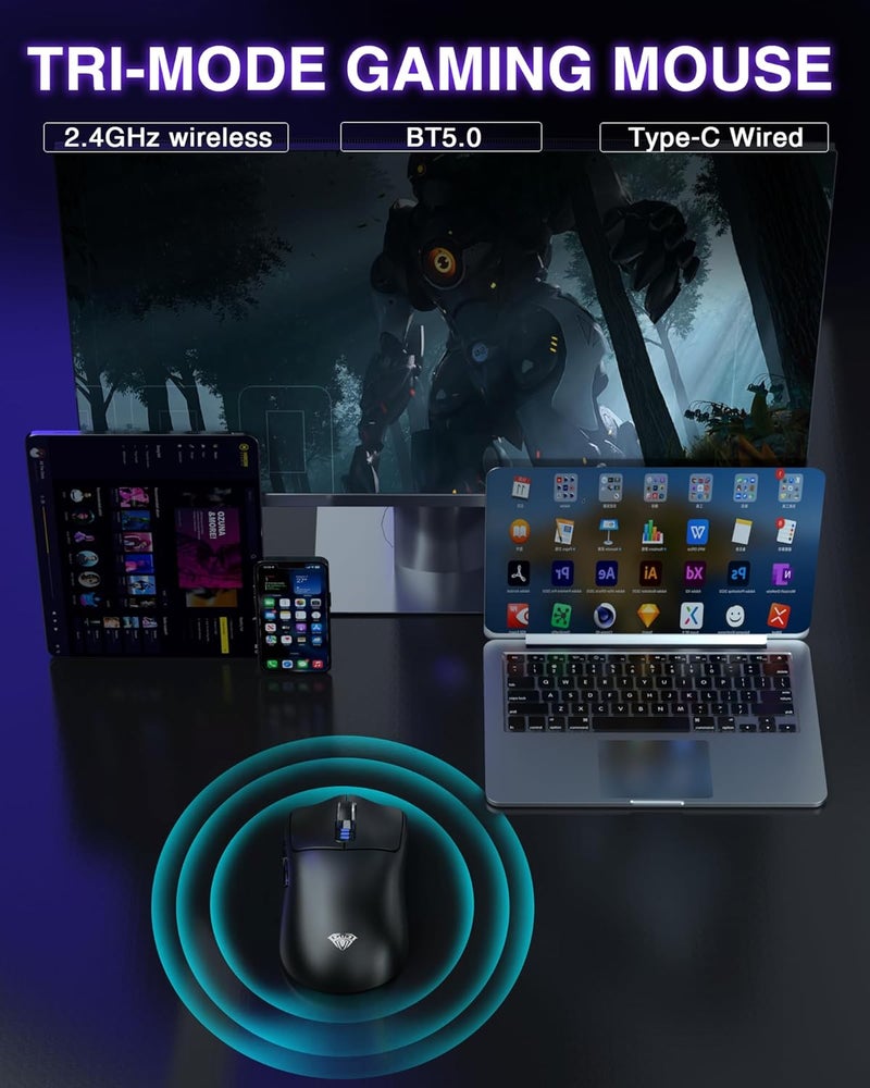 SC580 الماوس اللاسلكي للألعاب ، الماوس اللاسلكي ثلاثي الوضع 2.4G / BT5.0 / USB-C للألعاب ، الماوس اللاسلكي القابل لإعادة الشحن 12000 DPI مع 6 أزرار قابلة للبرمجة ، الماوس الكمبيوتر الإيرغونومي للكمبيوتر المحمول / الكمبيوتر الشخصي / ماك / اللوح - Image 3