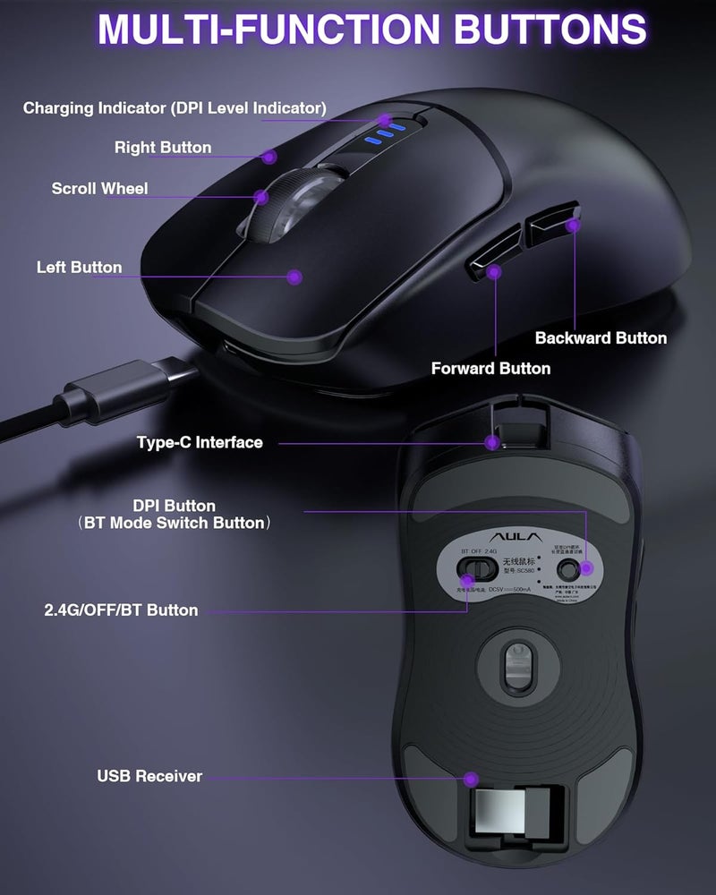 SC580 الماوس اللاسلكي للألعاب ، الماوس اللاسلكي ثلاثي الوضع 2.4G / BT5.0 / USB-C للألعاب ، الماوس اللاسلكي القابل لإعادة الشحن 12000 DPI مع 6 أزرار قابلة للبرمجة ، الماوس الكمبيوتر الإيرغونومي للكمبيوتر المحمول / الكمبيوتر الشخصي / ماك / اللوح - Image 5