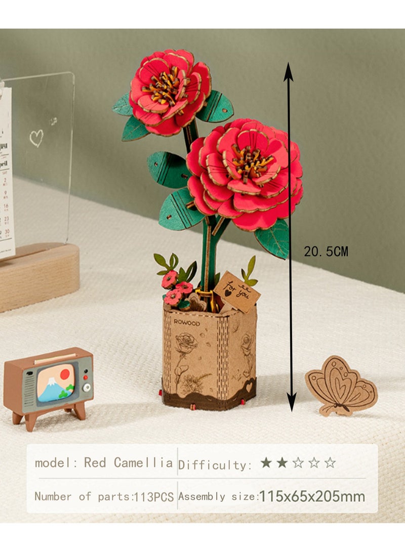 Red Camellia, 3d Flower Wooden Jigsaw Puzzle Blocks, Plant Diy Model Set Building Crafts, Collectibles, Creative Gifts And Toys - Image 2