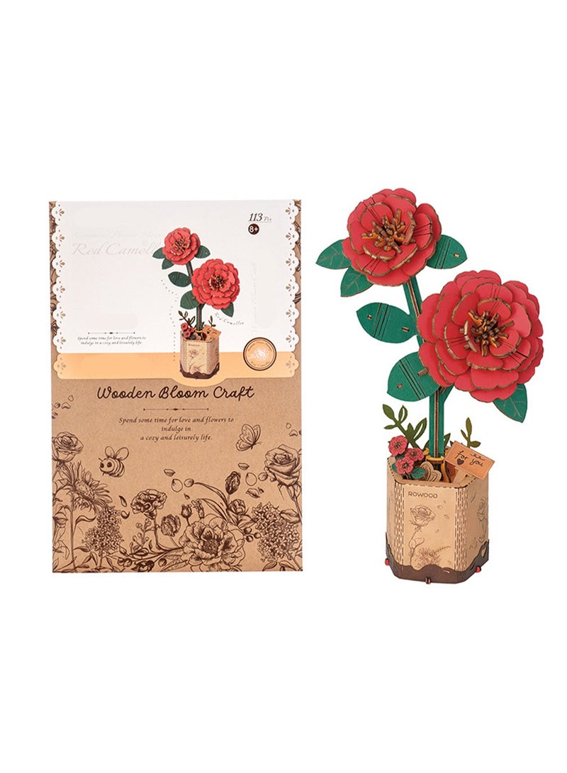 Red Camellia, 3d Flower Wooden Jigsaw Puzzle Blocks, Plant Diy Model Set Building Crafts, Collectibles, Creative Gifts And Toys - Image 1