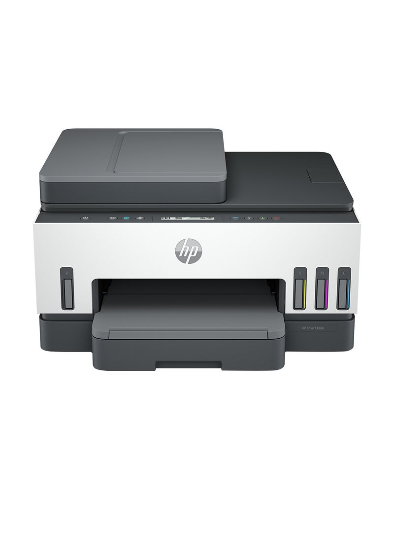 HP طابعة إتش بي سمارت تانك 750 لاسلكية الكل في واحد للطباعة والمسح الضوئي والنسخ والطباعة التلقائية على الوجهين والتغذية التلقائية للمستندات، وطباعة ما يصل إلى 18000 صفحة بحبر أسود و8000 صفحة بحبر ملون طراز 6UU47A، لون أبيض/ رمادي أبيض/رمادي - Image 1