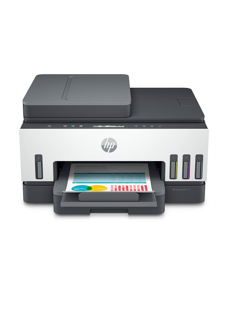 HP طابعة إتش بي سمارت تانك 750 لاسلكية الكل في واحد للطباعة والمسح الضوئي والنسخ والطباعة التلقائية على الوجهين والتغذية التلقائية للمستندات، وطباعة ما يصل إلى 18000 صفحة بحبر أسود و8000 صفحة بحبر ملون طراز 6UU47A، لون أبيض/ رمادي أبيض/رمادي - Image 3