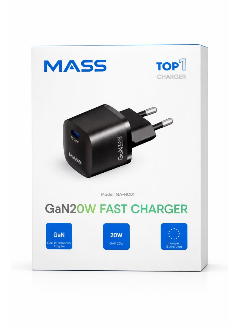 ماس شاحن حائط Mass MA-HC01 بقوة 20 واط بتقنية GaN ومنفذ USB-C - شحن سريع بتقنية Power Delivery (PD 3.0)، صغير الحجم وسهل الحمل، أسود | ضمان لمدة 12 شهرًا - Image 1