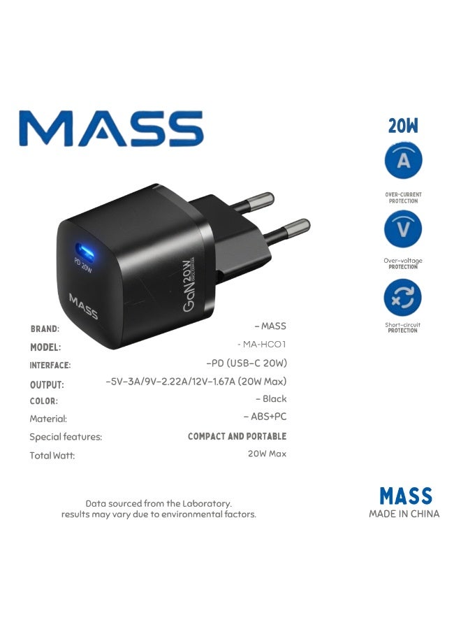 ماس شاحن حائط Mass MA-HC01 بقوة 20 واط بتقنية GaN ومنفذ USB-C - شحن سريع بتقنية Power Delivery (PD 3.0)، صغير الحجم وسهل الحمل، أسود | ضمان لمدة 12 شهرًا - Image 4