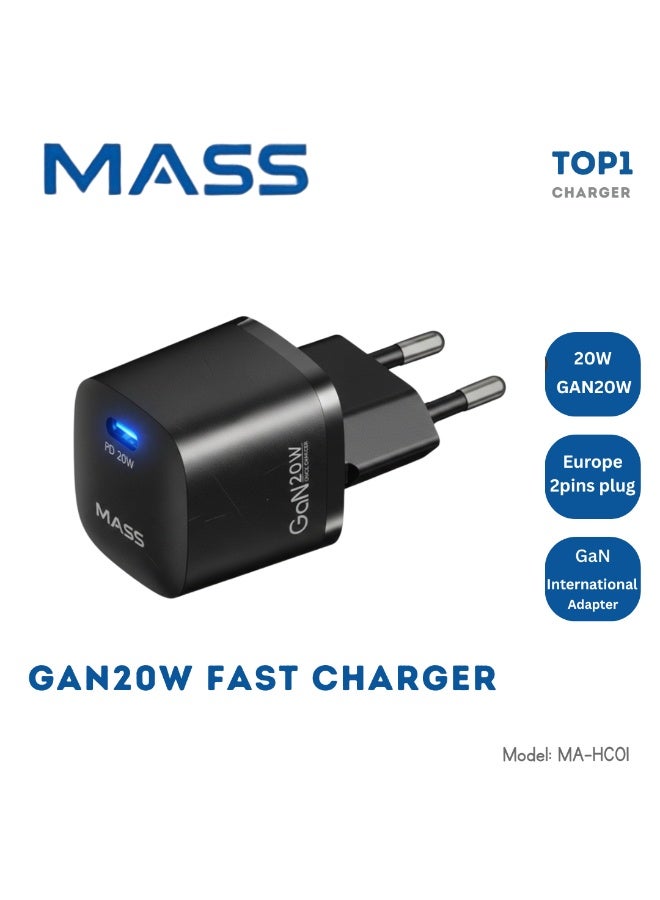ماس شاحن حائط Mass MA-HC01 بقوة 20 واط بتقنية GaN ومنفذ USB-C - شحن سريع بتقنية Power Delivery (PD 3.0)، صغير الحجم وسهل الحمل، أسود | ضمان لمدة 12 شهرًا - Image 2