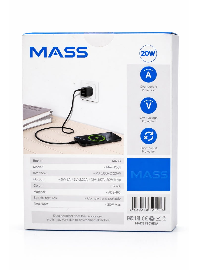 ماس شاحن حائط Mass MA-HC01 بقوة 20 واط بتقنية GaN ومنفذ USB-C - شحن سريع بتقنية Power Delivery (PD 3.0)، صغير الحجم وسهل الحمل، أسود | ضمان لمدة 12 شهرًا - Image 3