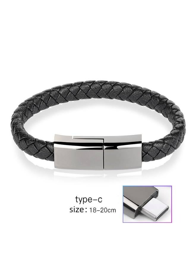 كابل شحن USB لسوار من الجلد، كابل مضفر لنقل البيانات محمول USB للهواتف الذكية والأجهزة الذكية (8.9 بوصة - النوع C، أسود) - Image 1
