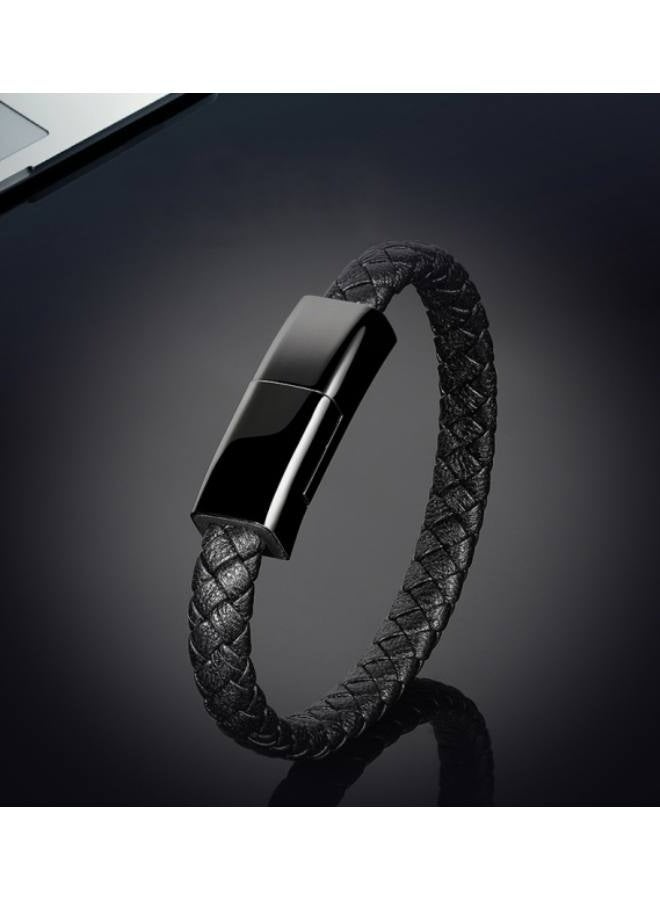 كابل شحن USB لسوار من الجلد، كابل مضفر لنقل البيانات محمول USB للهواتف الذكية والأجهزة الذكية (8.9 بوصة - النوع C، أسود) - Image 4