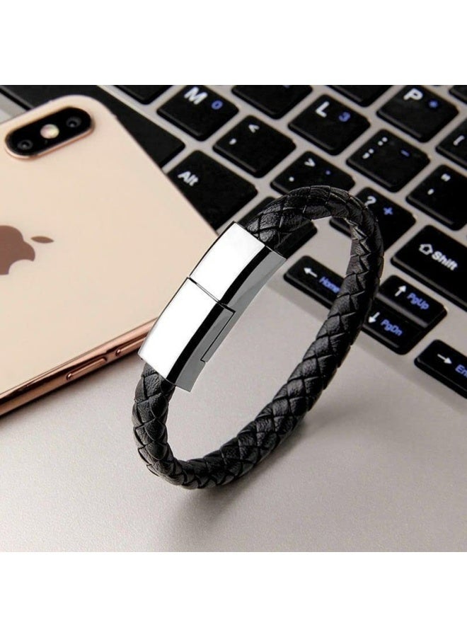 كابل شحن USB لسوار من الجلد، كابل مضفر لنقل البيانات محمول USB للهواتف الذكية والأجهزة الذكية (8.9 بوصة - النوع C، أسود) - Image 2