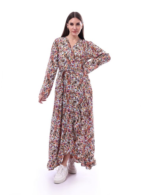 Long Sleeves Flower Patterned Dress _ Purple & Orange