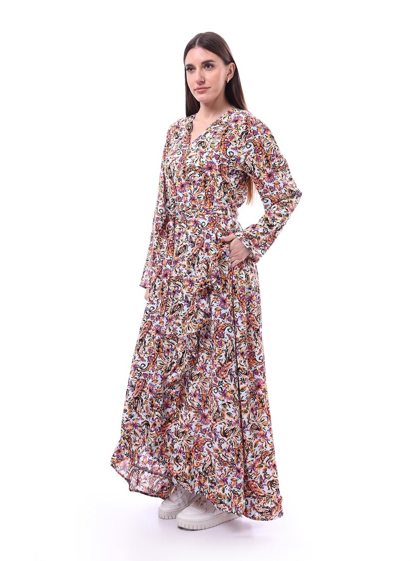 Andora Long Sleeves Flower Patterned Dress _ Purple & Orange - Image 2