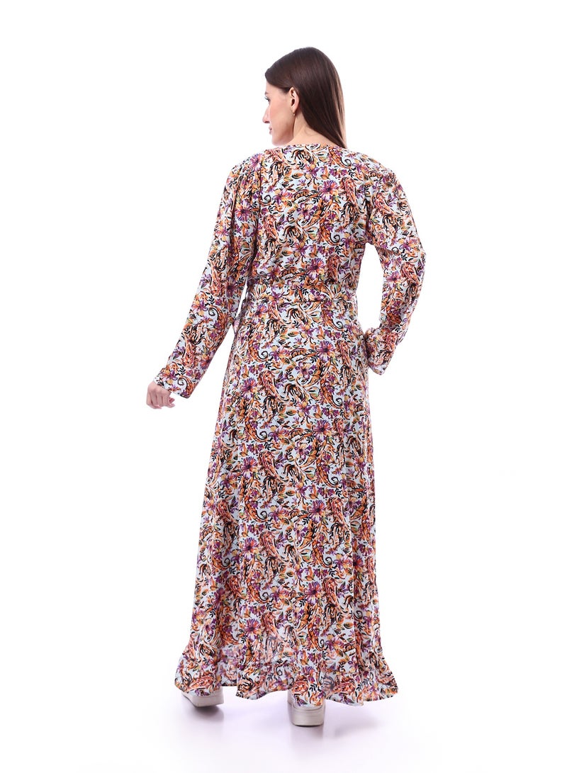 Andora Long Sleeves Flower Patterned Dress _ Purple & Orange - Image 3