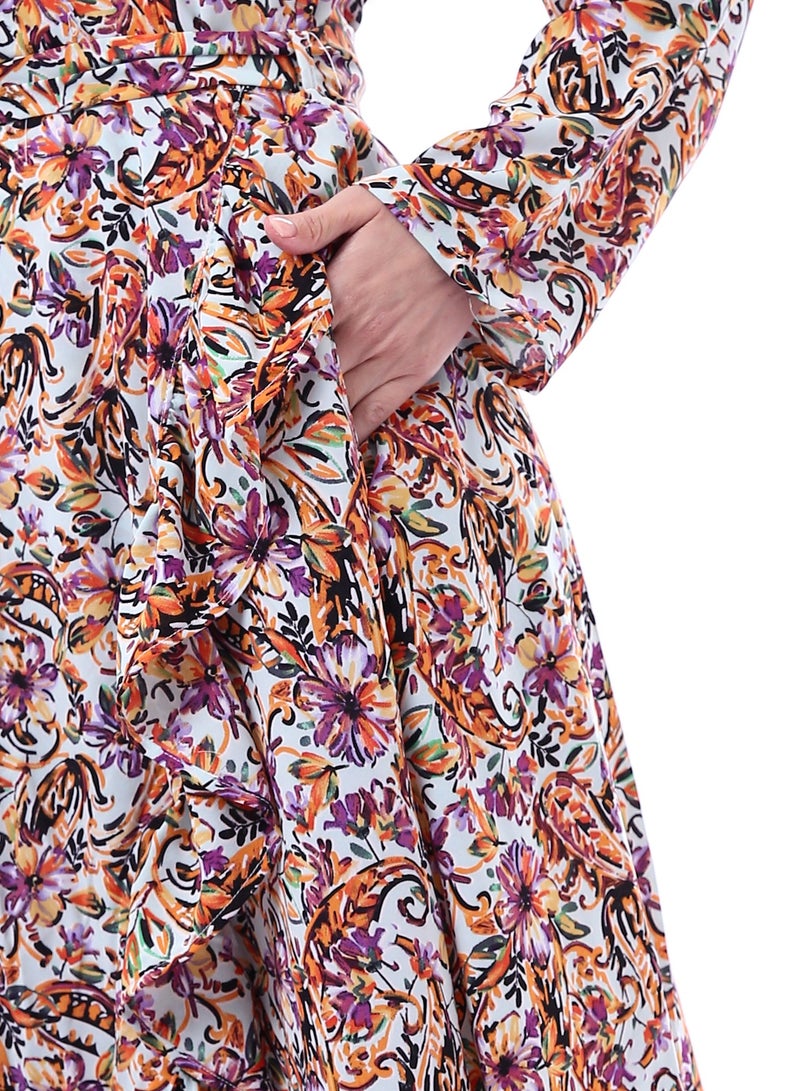 Andora Long Sleeves Flower Patterned Dress _ Purple & Orange - Image 4