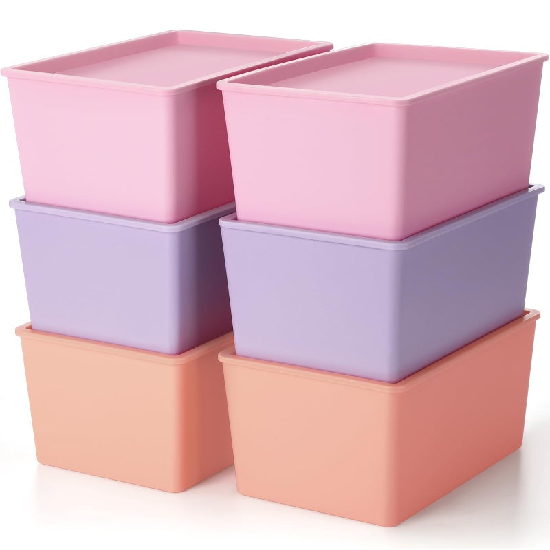 Menkxi 6 Pcs Storage Bins with Lids Small Plastic Storage Containers Stackable Storing Baskets Box Cute Organizer Bins for Organizing Shelves (Pink,Purple,Orange) - Image 1