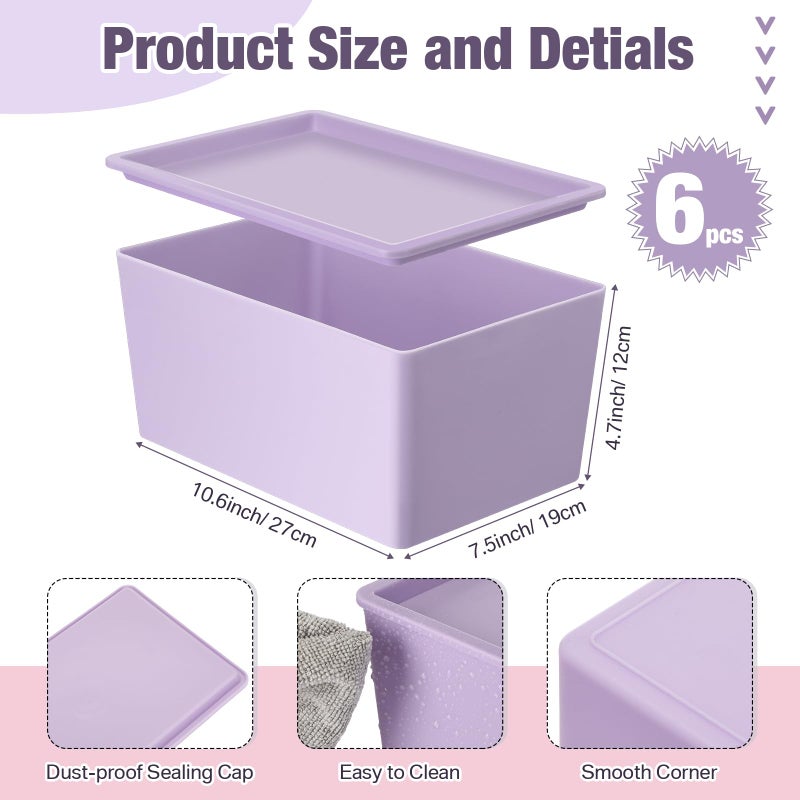 Menkxi 6 Pcs Storage Bins with Lids Small Plastic Storage Containers Stackable Storing Baskets Box Cute Organizer Bins for Organizing Shelves (Pink,Purple,Orange) - Image 2