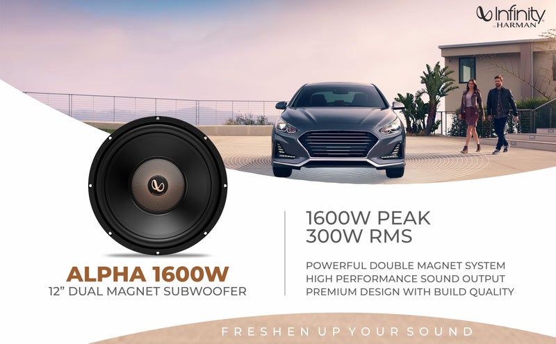 Infinity إنفينيتي كار سابووفر ألفا 1600 | بيك باور - 1600 | آر إم إس باور - 300W | 12 إنش سابووفر ثنائي المغناطيس | إخراج صوت عالي الأداء (أسود) - Image 4