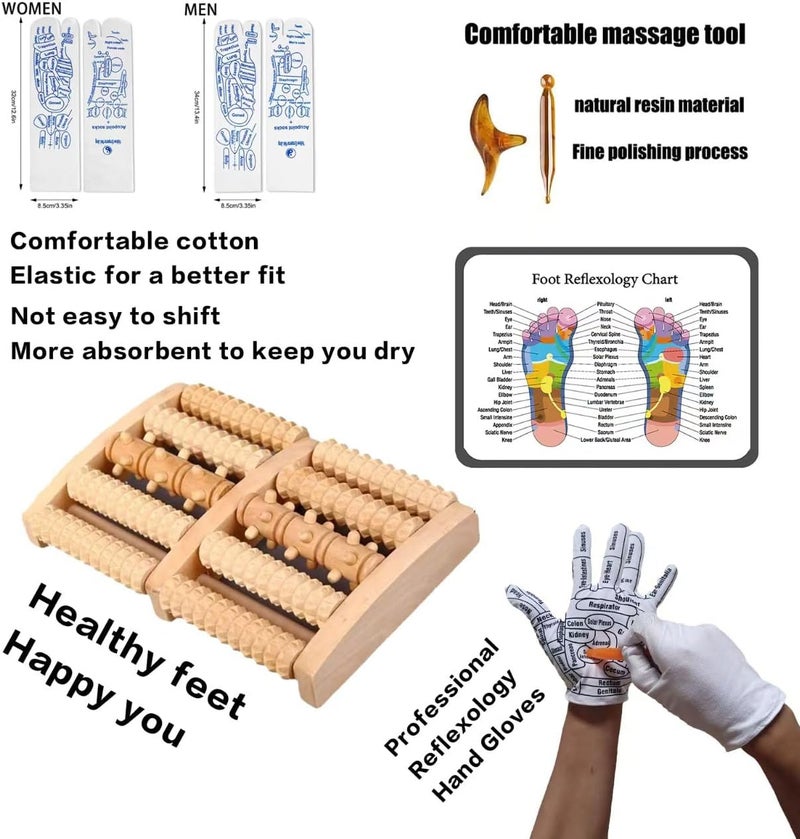 Wooden Foot Roller Massage  Feet Massager with Reflexology Socks with Gloves Tools Set  Wood Roller to Enhance Circulation Relieve Pain in Wide FeetPromote Health Gift for Mom Dad or Elderly - Image 2