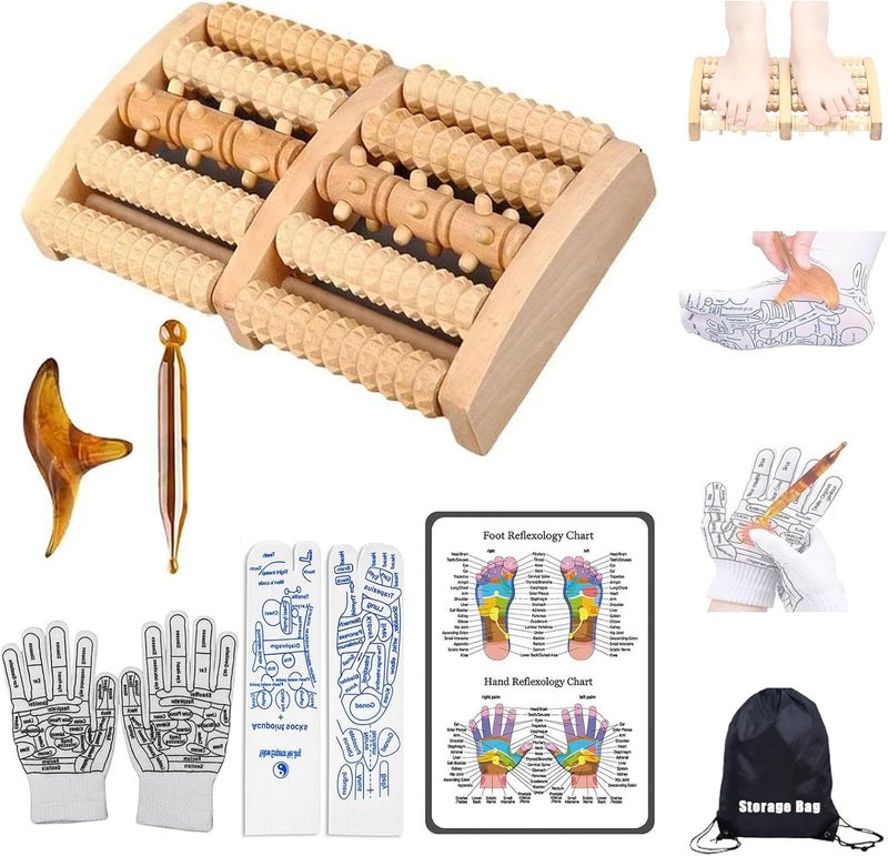 Wooden Foot Roller Massage  Feet Massager with Reflexology Socks with Gloves Tools Set  Wood Roller to Enhance Circulation Relieve Pain in Wide FeetPromote Health Gift for Mom Dad or Elderly - Image 1