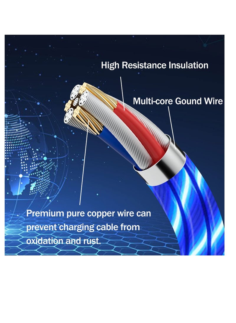 Excefore كابل شحن 3 في 1، كابل شحن متعدد مع إضاءة LED متدفقة، كابل شحن سريع 3.0 لنقل البيانات، سلك شحن TPE متين، لهاتف iPhone، Type C وMicro USB أزرق 6.6 قدم - Image 3