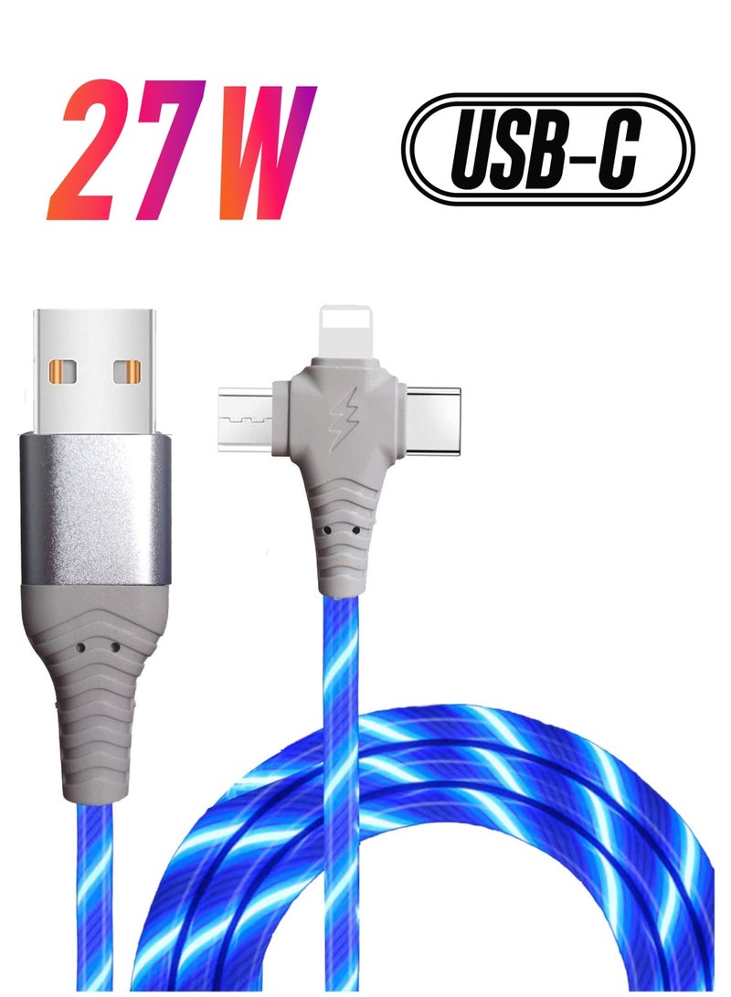 Excefore كابل شحن 3 في 1، كابل شحن متعدد مع إضاءة LED متدفقة، كابل شحن سريع 3.0 لنقل البيانات، سلك شحن TPE متين، لهاتف iPhone، Type C وMicro USB أزرق 6.6 قدم - Image 1