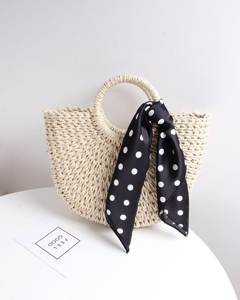 Straw Woven Bag Ins All-Match Silk Scarf Fashion Holiday Style Beach Bag Handmade Semi-Round Handheld Woven Bag Vegetable Basket Bag - Image 1