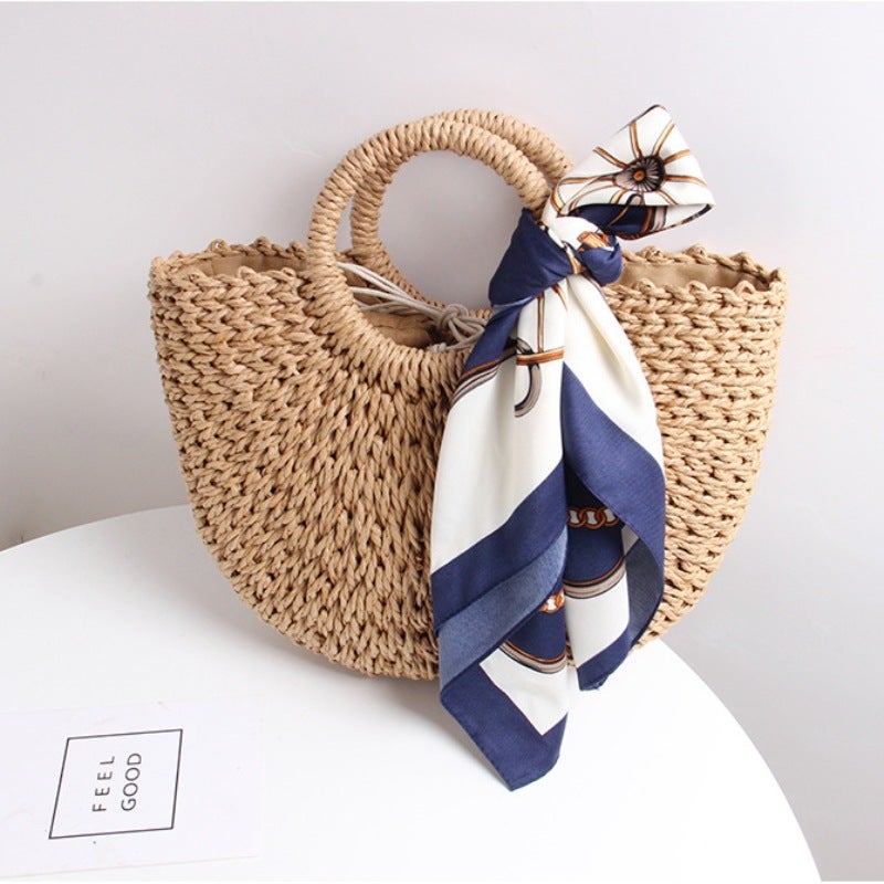 Straw Woven Bag Ins All-Match Silk Scarf Fashion Holiday Style Beach Bag Handmade Semi-Round Handheld Woven Bag Vegetable Basket Bag - Image 3
