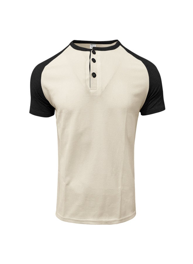 Summer New Men's Color-block Raglan Henley Neck Short-sleeve Top European And American Casual Waffle Knit T-shirt