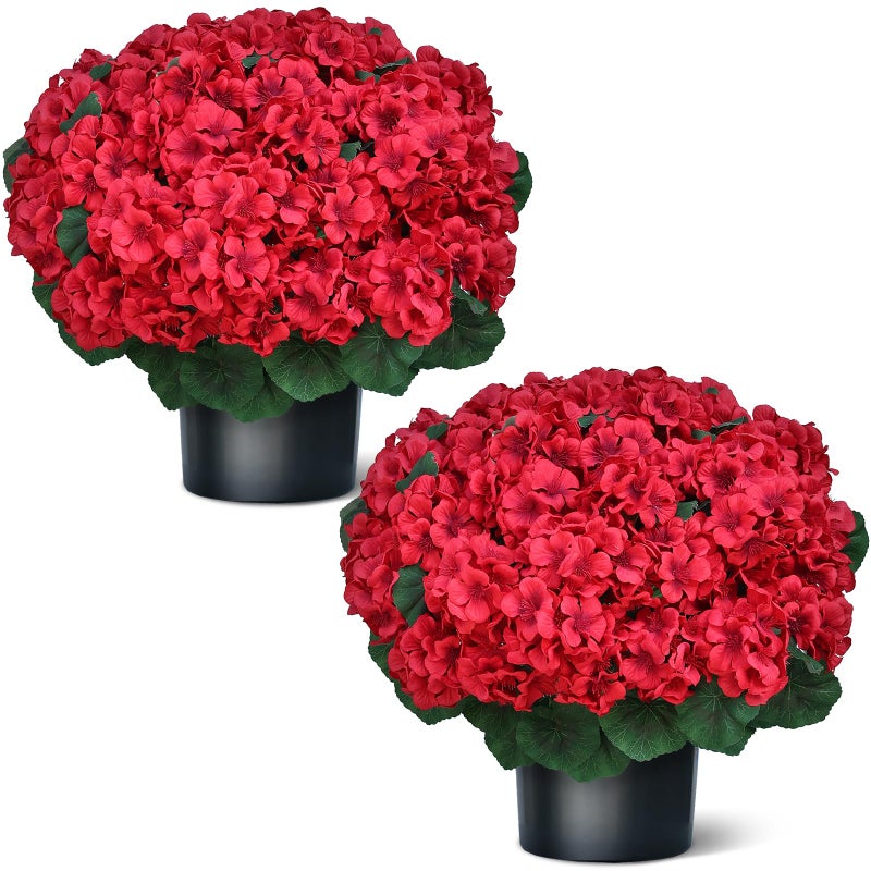 Juxdp 18" Artificial Geraniums Topiary - 2 Set for Front Porch Decor,Faux Silk Flowers Bushes UV Resistant Potted Plants for Outdoor Indoor Door Offices Garden Farmhouse Home Decor (Red) - Image 1