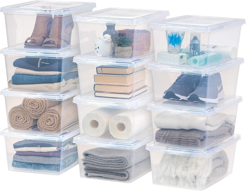 IRIS IRIS USA 12Pack Storage Bins with Lids 17 Quart Shoe Boxes Clear Stackable Containers Organize Shoes Closet Shelves Classroom Organization Teacher Tools Game Storage  BPAFree Plastic