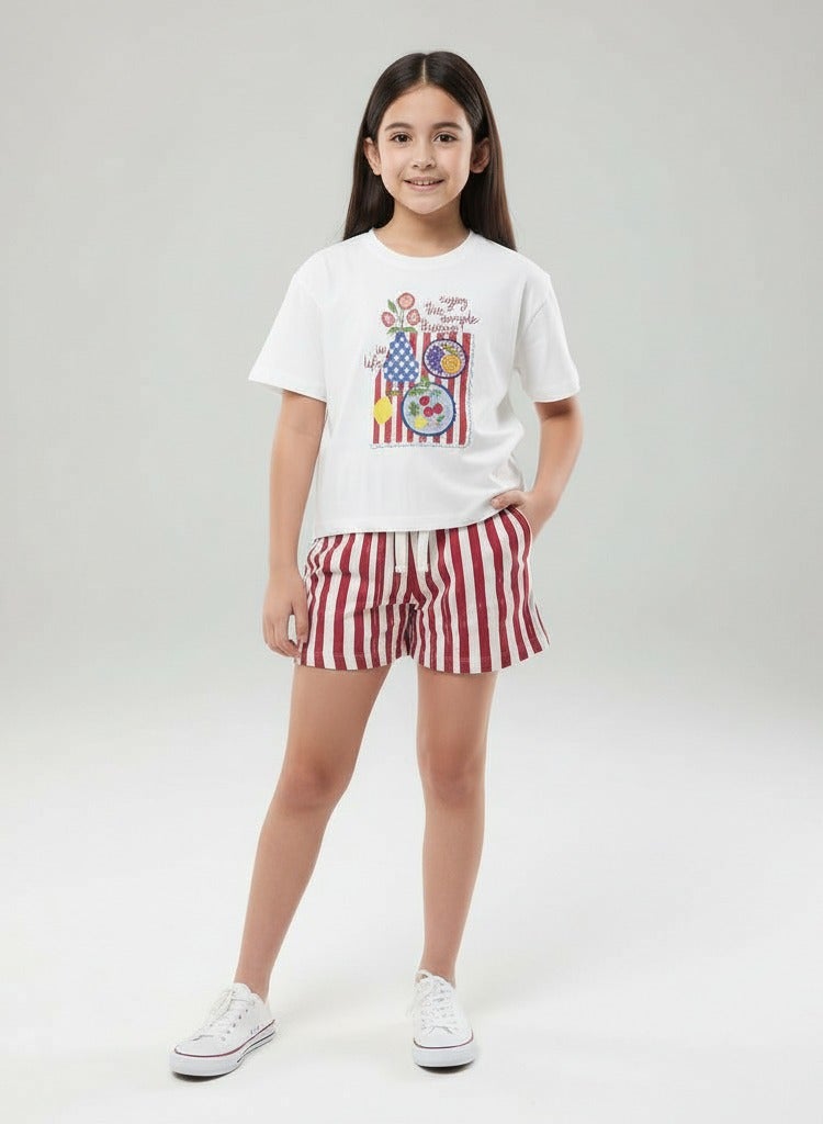 victor and jane Girls 2 Pc Set Graphic Print T-Shirt & Striped Shorts Set – White & Red