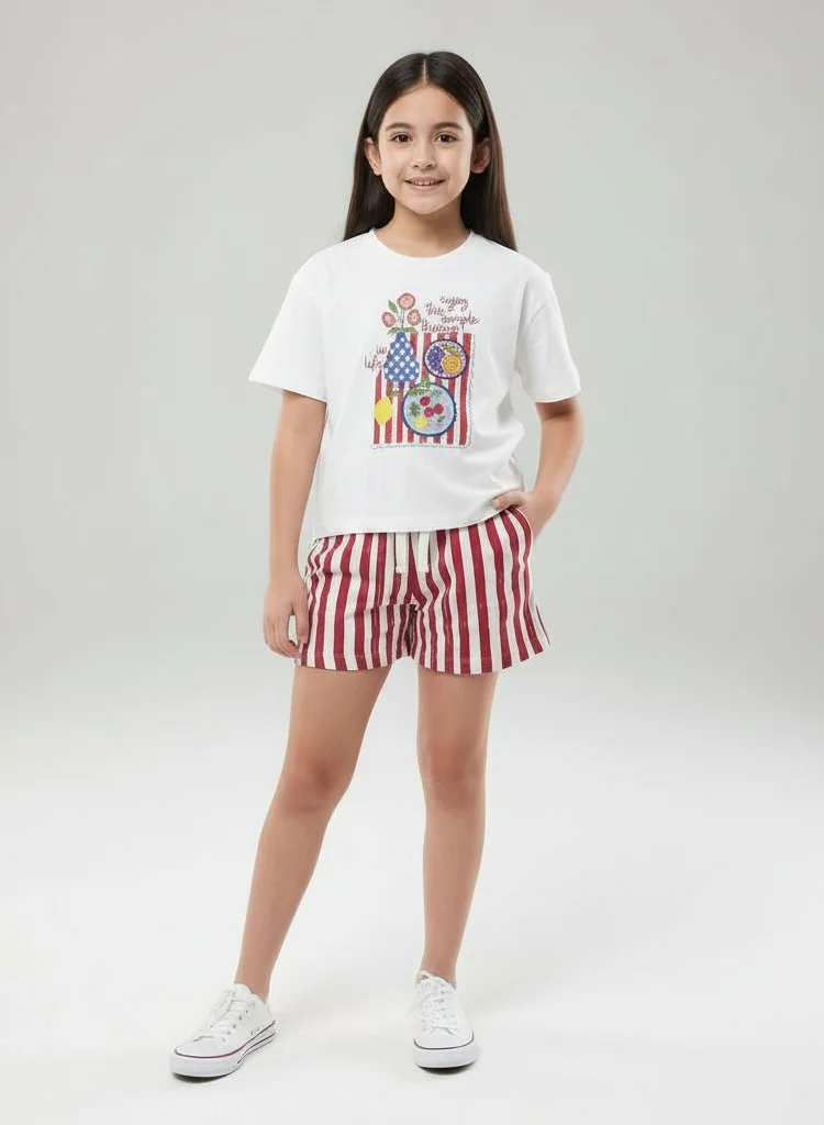 Girls 2 Pc Set Graphic Print T-Shirt & Striped Shorts Set – White & Red