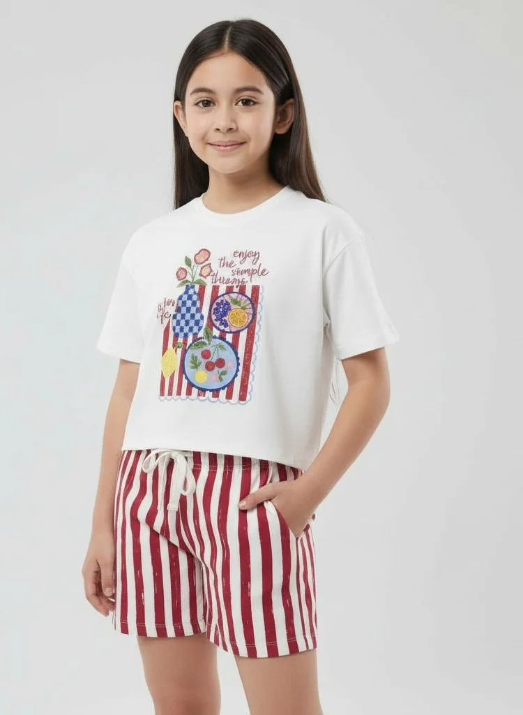 Victor And Jane  Girls 2 Pc Set Graphic Print T-Shirt & Striped Shorts Set – White & Red for Women | Best Price UAE