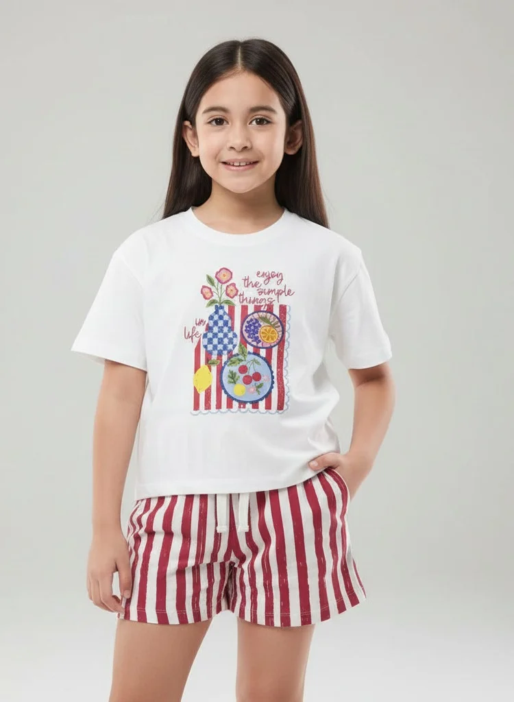 Victor And Jane  Girls 2 Pc Set Graphic Print T-Shirt & Striped Shorts Set – White & Red for Women | Best Price UAE