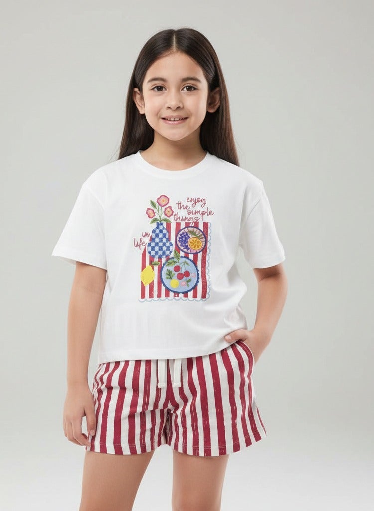 victor and jane Girls 2 Pc Set Graphic Print T-Shirt & Striped Shorts Set – White & Red - Image 4