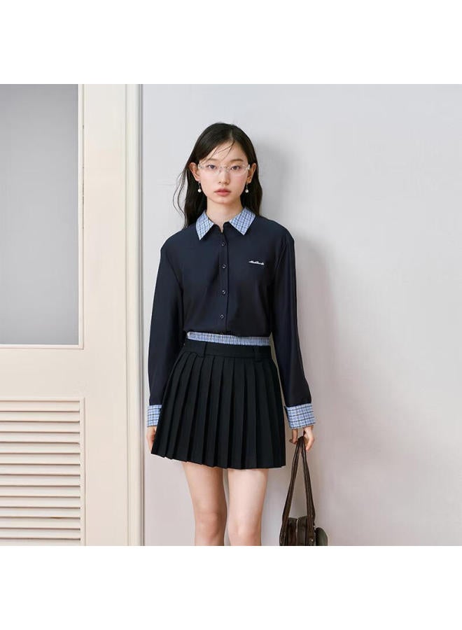 Miss Bird Navy Blue Long Sleeve Shirt Women Commuter Casual Slim Fit Shoulder Wrinkle-resistant Blouse